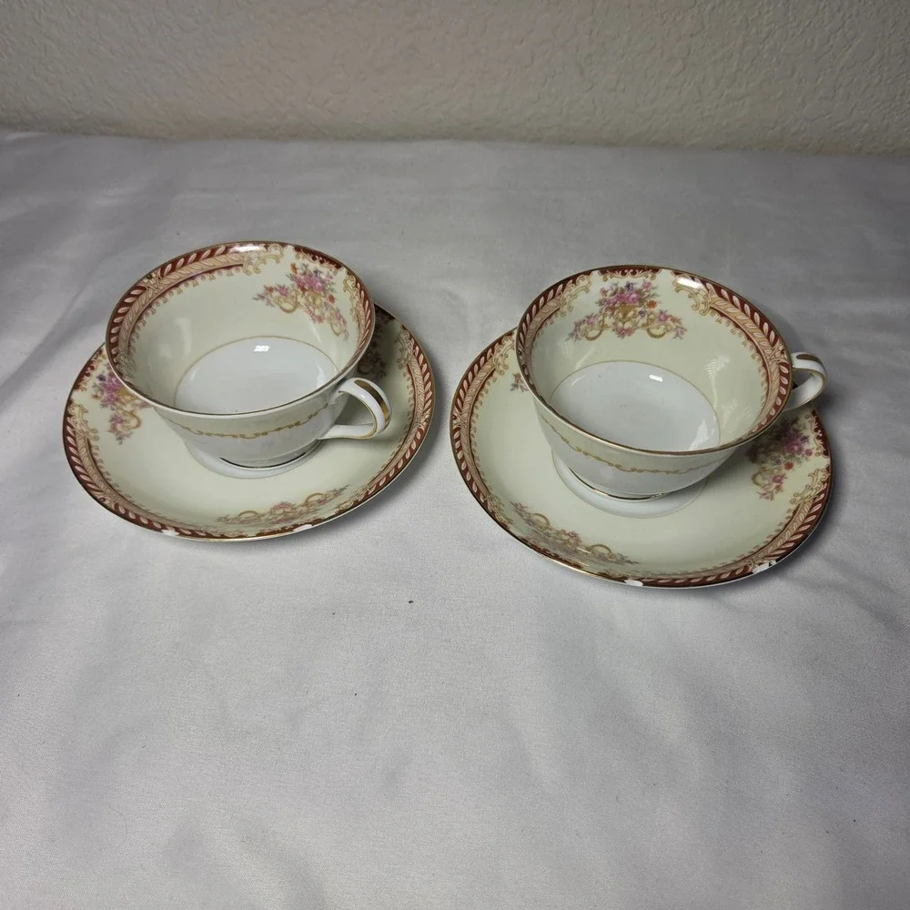 Noritake Vintage Teacup and Saucer Set of 2 Floral Gold Trim Cream Japan